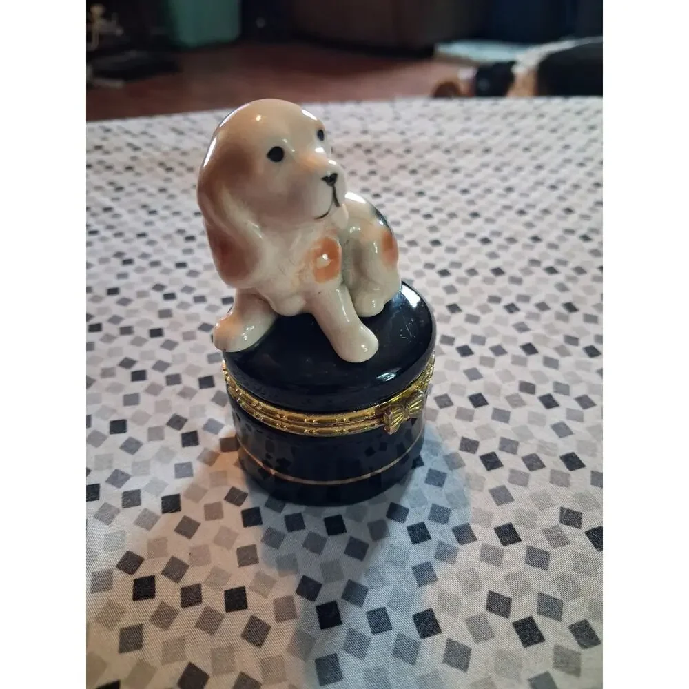 Cocker Spaniel Porcelain Small Trinket Box Hinged Crackle Glaze Dog Puppy Black